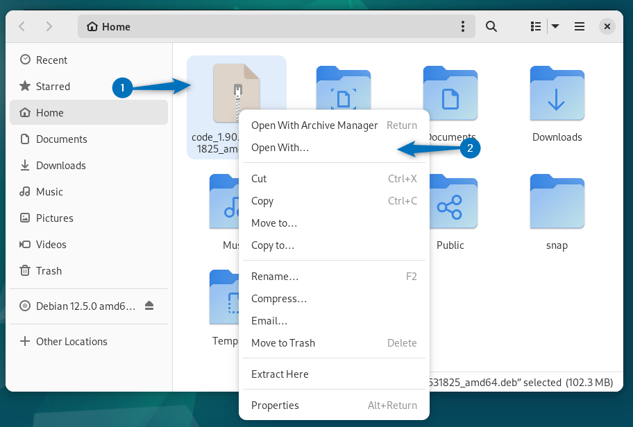 Opening Visual Studio Code with Debian Software install app
