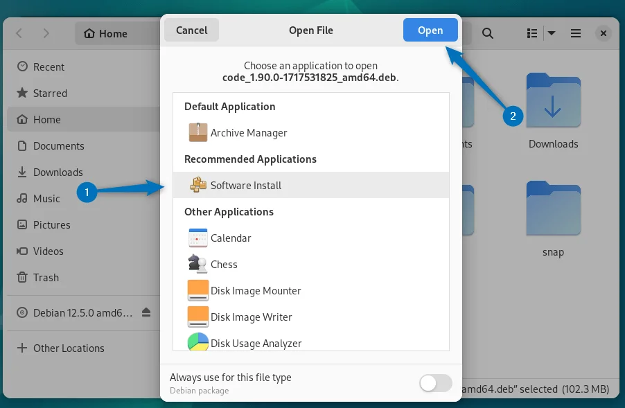 Opening VS Code with Debian Software install app 