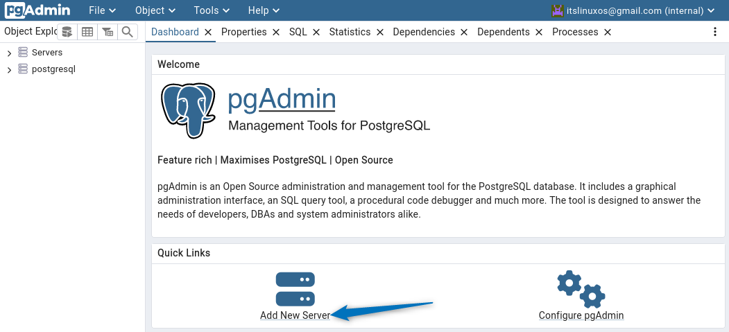 Adding a server on pgAdmin4 on Debian