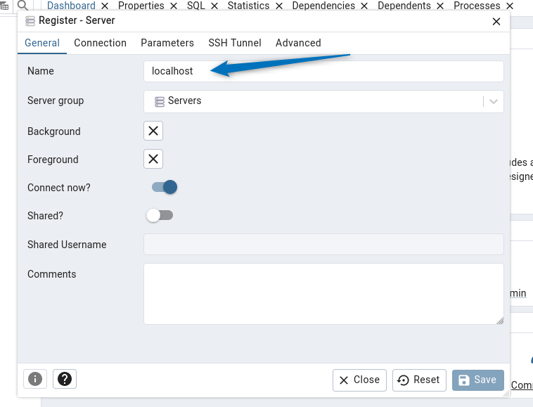 Entering server details in Pgadmin4 on Debian to create a new server