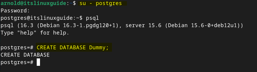 Creating a database in PostgreSQL on Debian