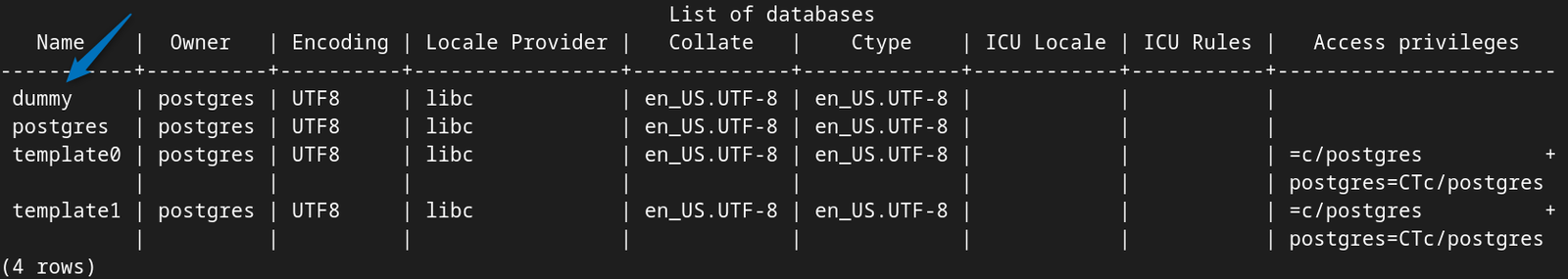 Listing databases in PostgreSQL on Debian to verity the creation of database.