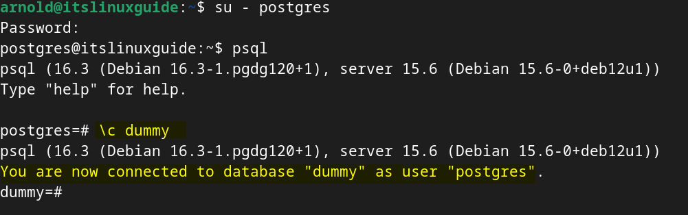 Shifting to a database in PostgreSQL on Debian