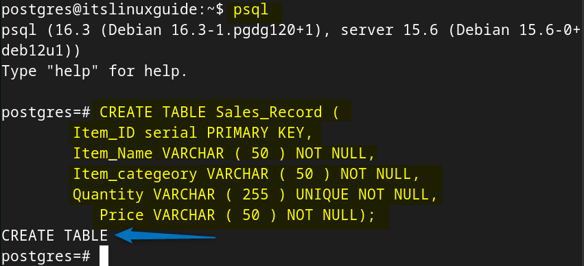 Creating a table in PostgreSQL on Debian