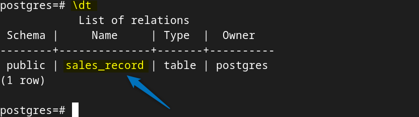 Listing relations in PostgreSQL to verify the table creation in Debian