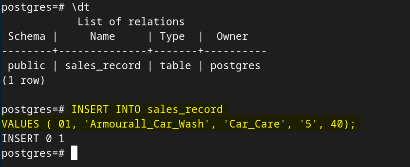 Adding information to a table in PostgreSQL n Debian