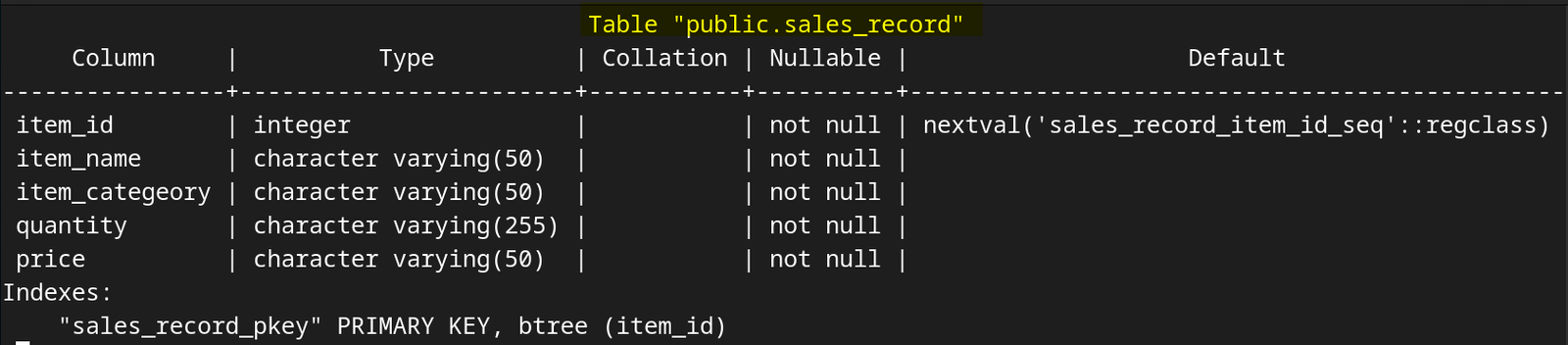 Displaying the table entry record in PostgreSQL on Debian