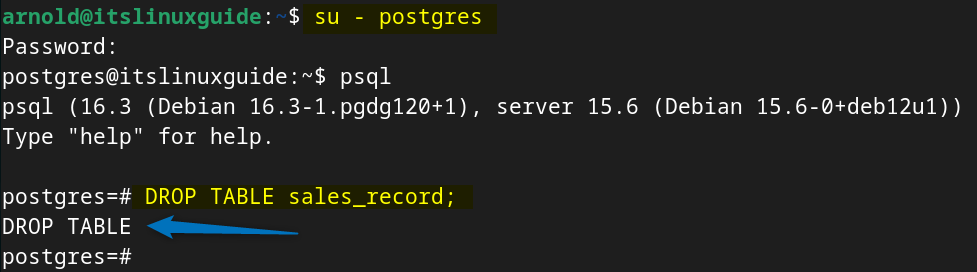 Deleting a table in PostgreSQL on Debian 12