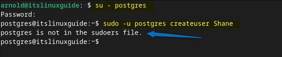 Adding a user in PostgreSQL user in Debian but there is an error of postgres is not in the sudoers file