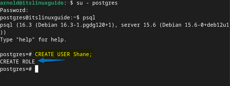 Creating a user in psql shell in PostgreSQL on Debian