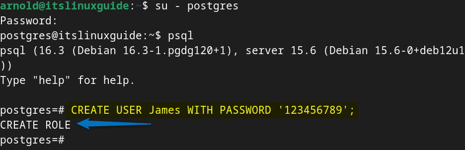Creating a role along with setting its password in PostgreSQL in Debian 12