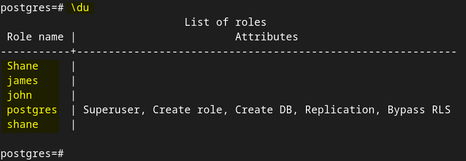 Listing all the roles in PostgreSQL on Debian to verify the role creation as in the previous step.