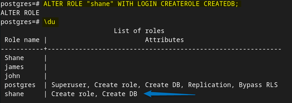 Adding attributes to the roles in PostgreSQL on Debian