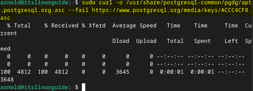 Downloading .asc file for PostgreSQL on Debian for validation.