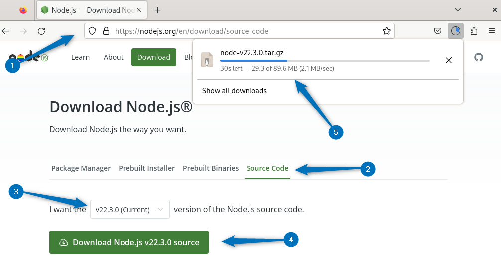 Downloading nodejs source file on Debian