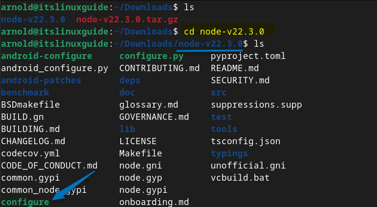 Moving to the extracted directory of Node.js source file on Debian for executing configure file.