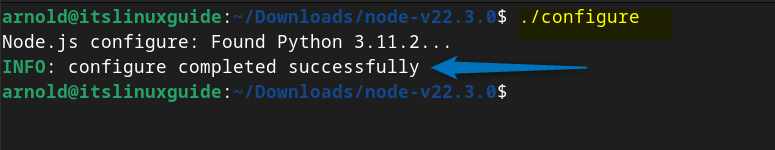 Executing the configure file for installing nodejs on Debian using its source file