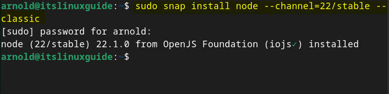 Installing Node.js on Debian using the Snap package installer.