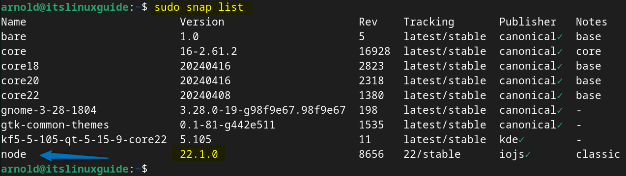 Listing all the apps install on Debian by Snap to verify the Node.js installation on Debian