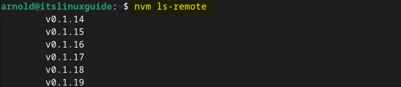 Listing all the Node,js versions available in node version manager on Debian