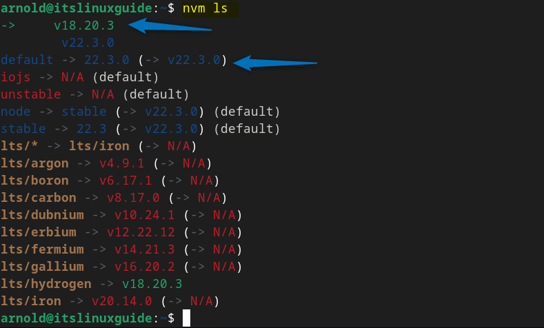 Listing the installed Node.js versions on Debian using node version manager