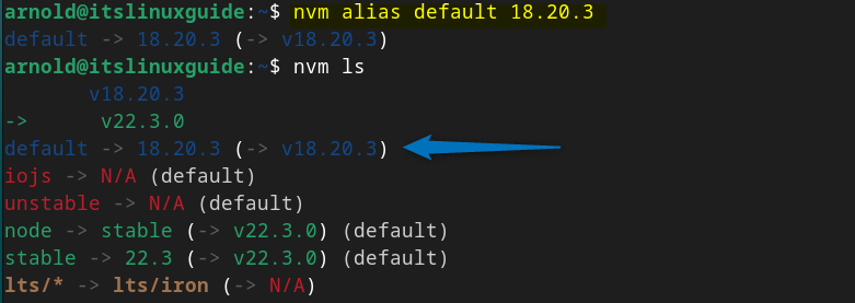 Switching the default node.js version on Debian using the node version manager.