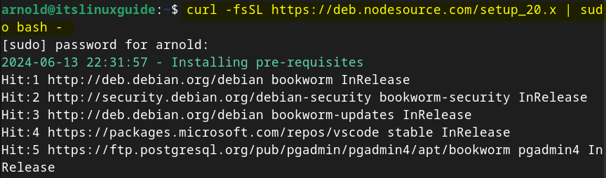 Downloading and executing Node.js deb repository to install nodejs on Debian 12