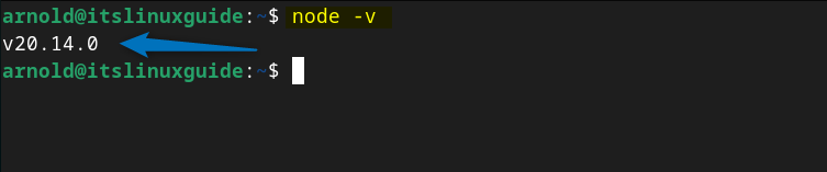 Checking the Node.js version on Debian to verify its installation on Debian through its deb repository.