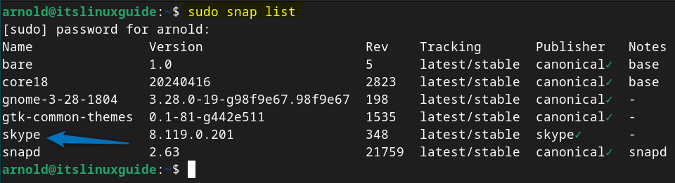 validating Skype installation on Debian via Snap by listing Snap-installed apps