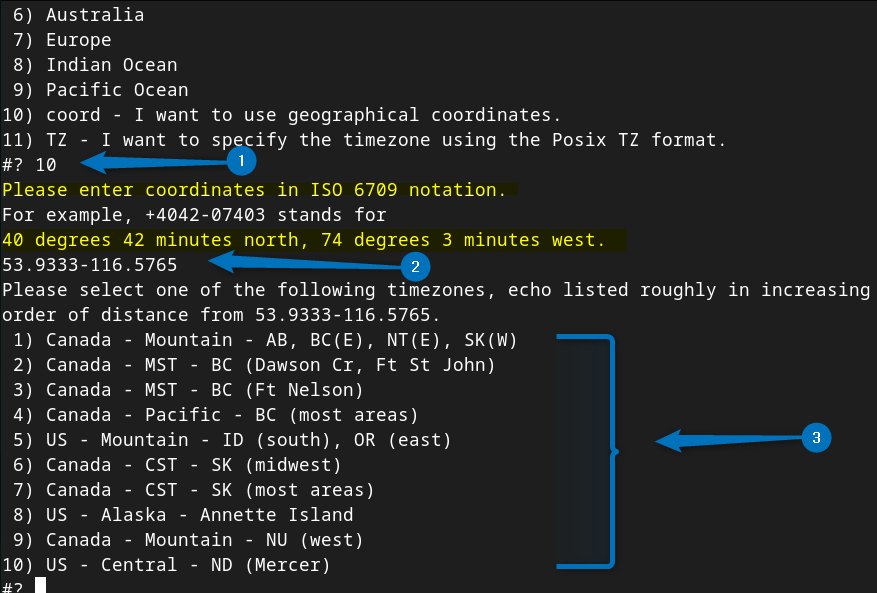 Setting time zone on Debian using the coordinate option in tzselect tool by adding location coordinates