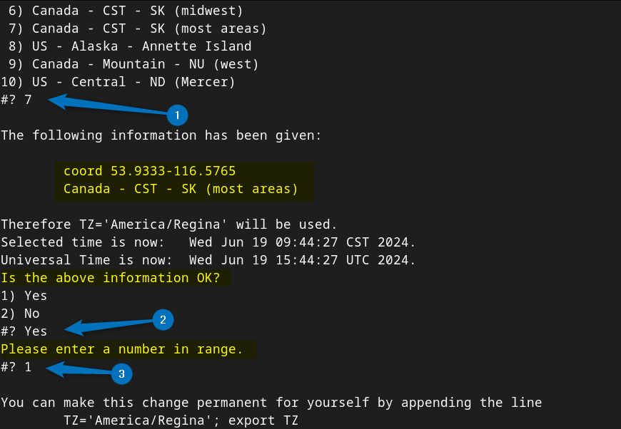 Selecting the desired region that comes under the given coordinates on Debian using the tzselect tool.