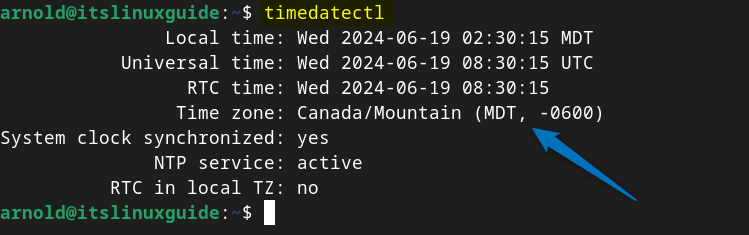 Verifying the change in Time Zone done by manually writing the local time file on Debian using timedatectl command.