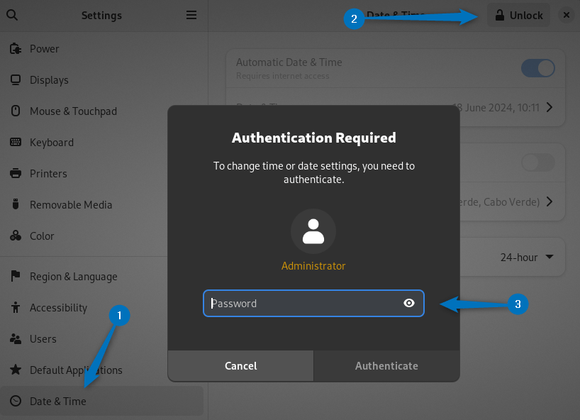 Unlocking the date and time settings in Debian to set the time zone