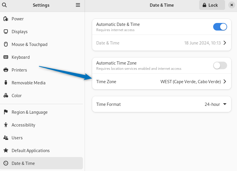 Setting the Time Zone on Debian using the Time Zone option in Date and Time tab
