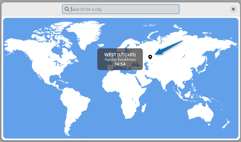 Setting time zone on Debian by dropping pin on the world map in time zone settings in date and Time settings.