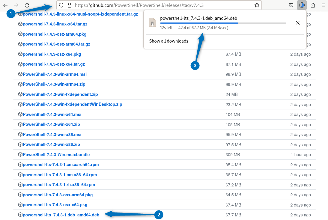 Downloading PowerShell Deb file on Debian using GitHub