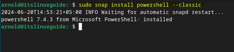 Installing PowerShell on Debian using Snap Package Installer