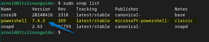 Listing Snap installed apps on Debian to verify PowerShell installation