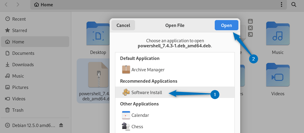 Opening PowerShell Deb file in Software Install app in Debian
