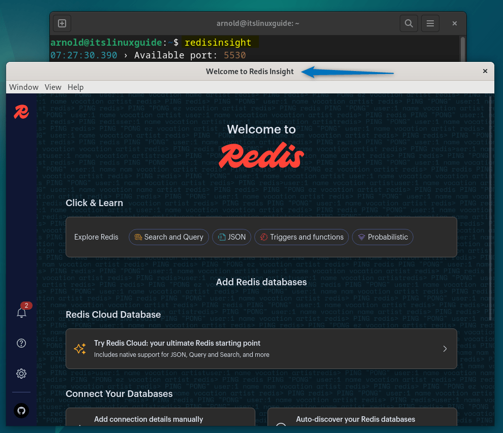Launching RedisInsight on Debian 12 installed via Snap package manager.