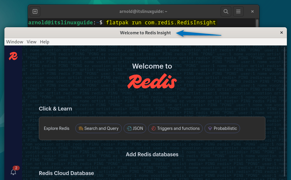 Launching RedisInsight on Debian 12 installed via Flatpak package manager.