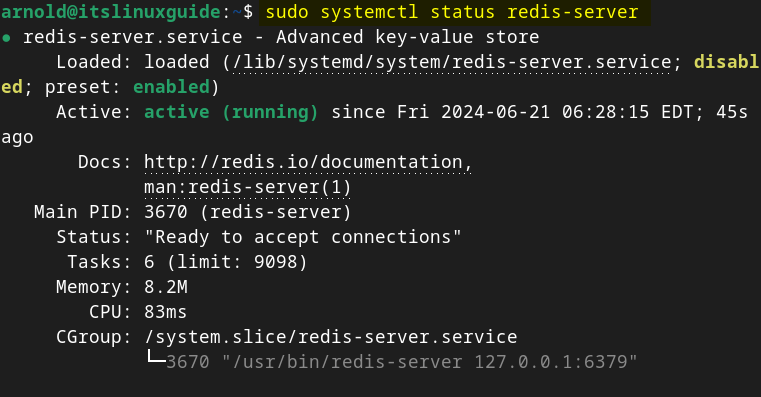 Checking redis-server status on Debian using systemctl utility.