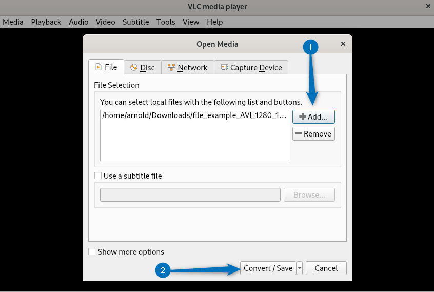 Adding an audio file on VLC to convert or save it to desired format