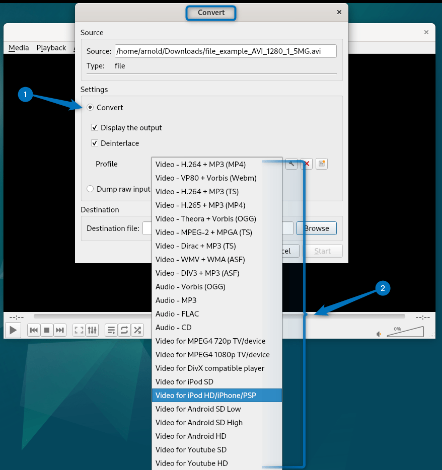 Selecting profile for the audio file to be converted using VLC on Debian