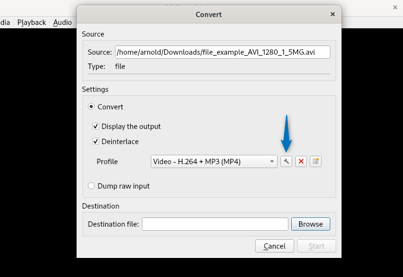 Editing the profile settings of media file to convert its format on Debian using VLC