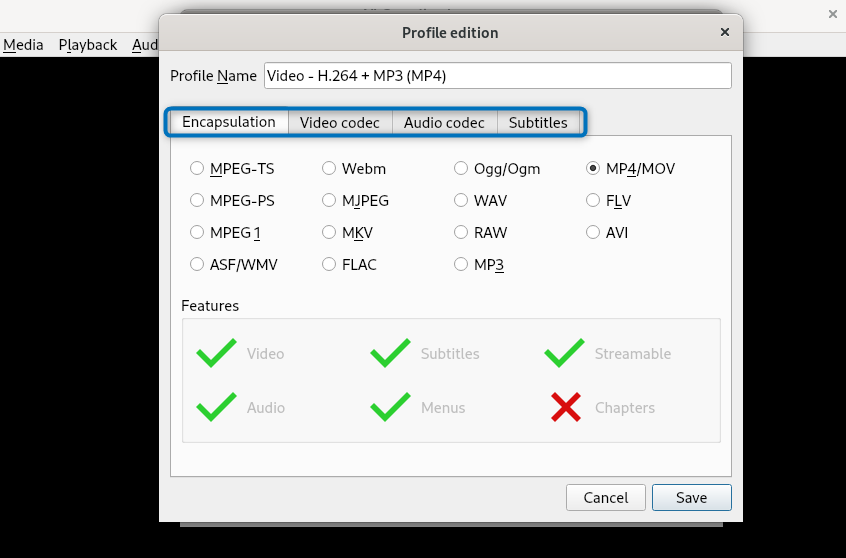 Three settings for editing the profile of a media file on Debian 12 using VLC