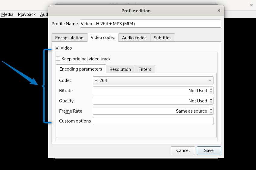 Editing video codec settings of media file to be converted on Debian 12 using VLC