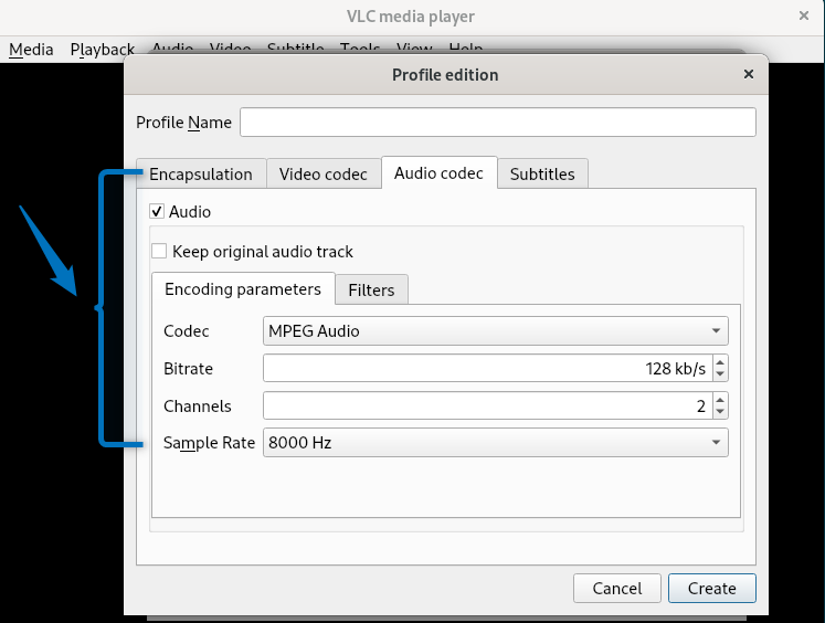 Editing audio codec settings of media file to be converted on Debian 12 using VLC