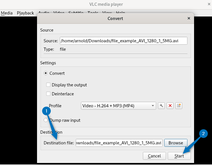 Converting media file format on Debian using VLC after doing all the settings.