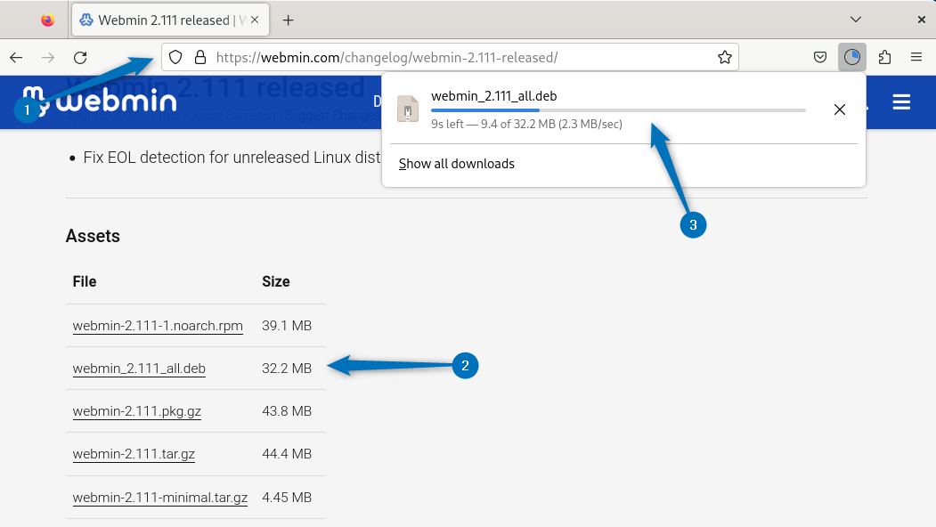 Downloading Webmin deb file on Debian 12 from its official site